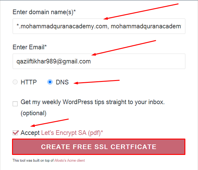 Entering Domain Information For Free SSL Cert