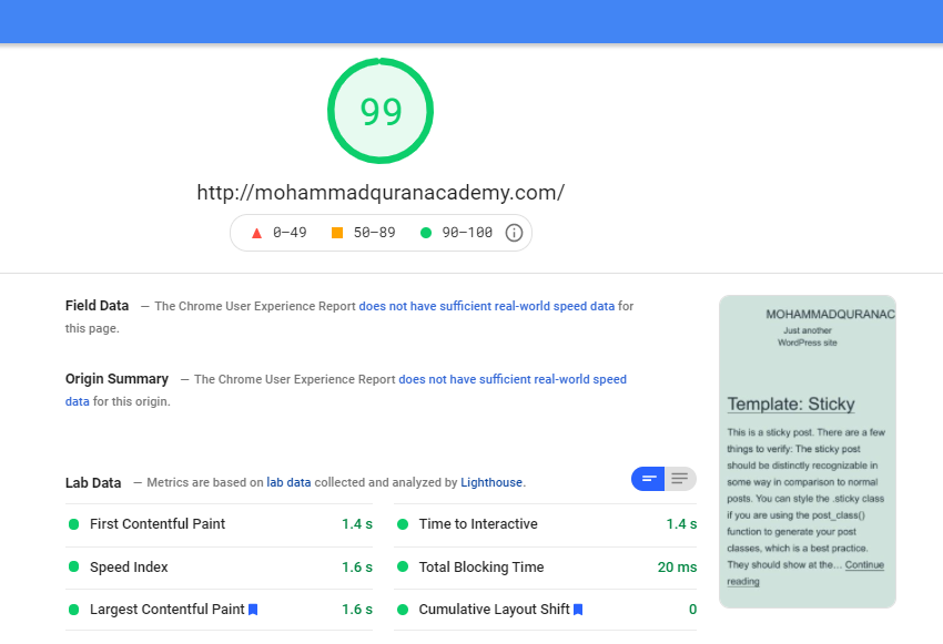 PageSpeed Insights Result Without LSCache